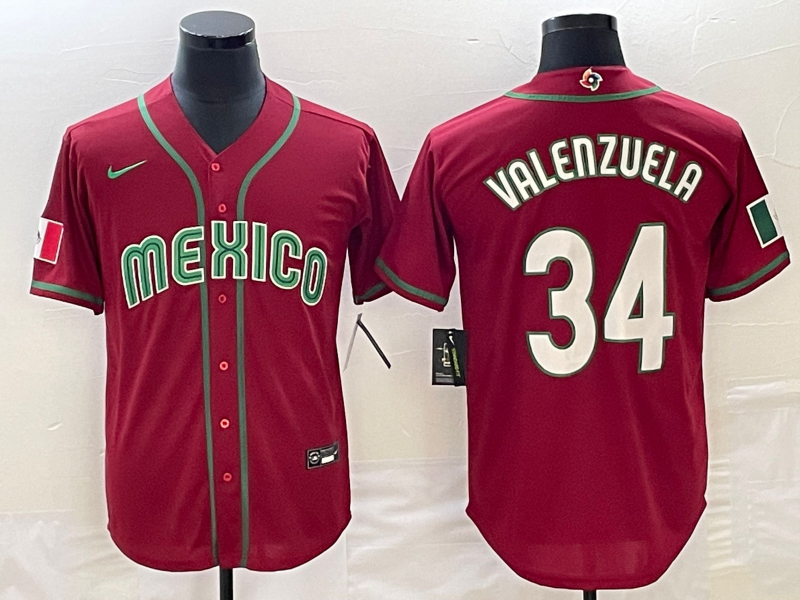 Men's Mexico Baseball #34 Fernando Valenzuela 2023 Red World Baseball Classic Stitched